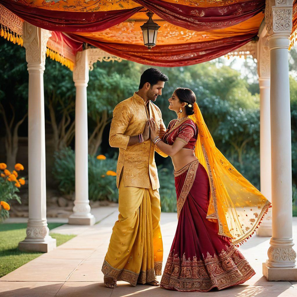 A warm, intimate setting showcasing a couple engaged in a traditional Indian dance under a canopy of marigold flowers. Include vibrant saris and intricate jewelry, capturing the essence of romance and cultural heritage. Soft lighting with elegant, embroidered textiles in the background to evoke a sense of intimacy. Artistic touch of watercolor style. rich colors. evocative atmosphere.