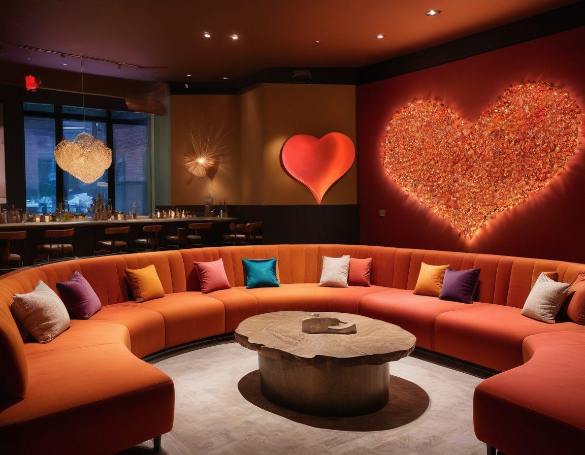 A vibrant social lounge filled with diverse people engaging in deep conversations, surrounded by cozy seating and warm lighting. Highlight artistic decor that symbolizes passion and desire, like abstract heart shapes and bold colors. Include subtle details of drinks and laughter, creating an inviting and intimate atmosphere. super-realistic. warm colors. cozy ambiance.