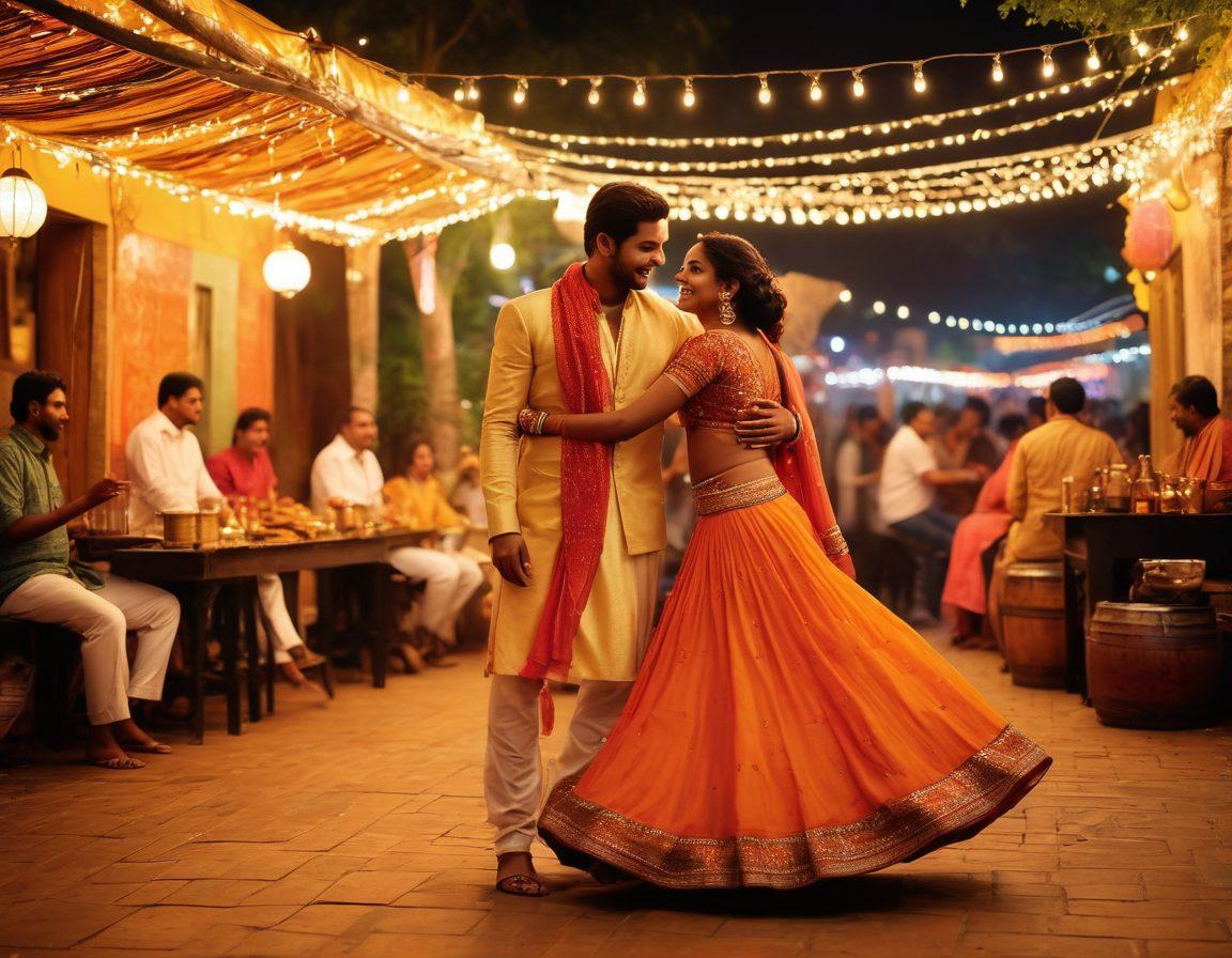 A vibrant and bustling scene of a Desi nightlife setting, featuring couples enjoying intimate moments under colorful string lights, traditional dancing, and aromatic street food stalls. Include lively music instruments like dhols and flutes in the background, creating a sense of romance and celebration. Capture the essence of passion with a mix of modern and traditional attire. warm hues highlighting the joy and connection between individuals. super-realistic. vibrant colors. 3D.